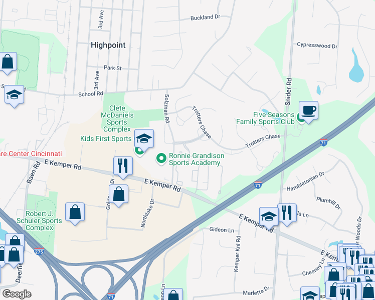 map of restaurants, bars, coffee shops, grocery stores, and more near Marksberry Lane in Hamilton County