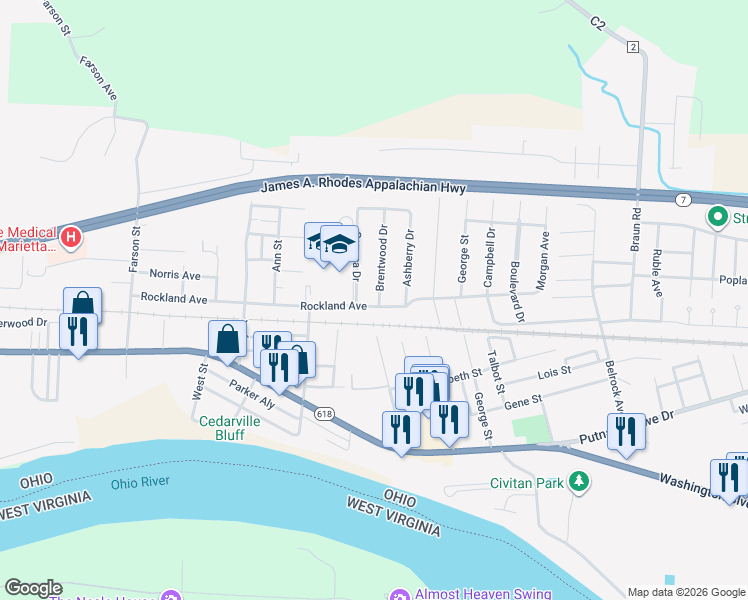 map of restaurants, bars, coffee shops, grocery stores, and more near 1900 Rockland Avenue in Belpre