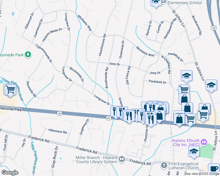 map of restaurants, bars, coffee shops, grocery stores, and more near 3233 Brookmede Road in Ellicott City