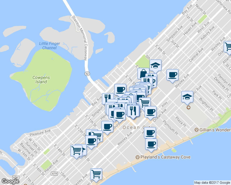 map of restaurants, bars, coffee shops, grocery stores, and more near 808 Coolidge Road in Ocean City