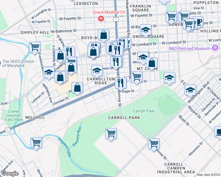 map of restaurants, bars, coffee shops, grocery stores, and more near 2001 Wilkens Avenue in Baltimore