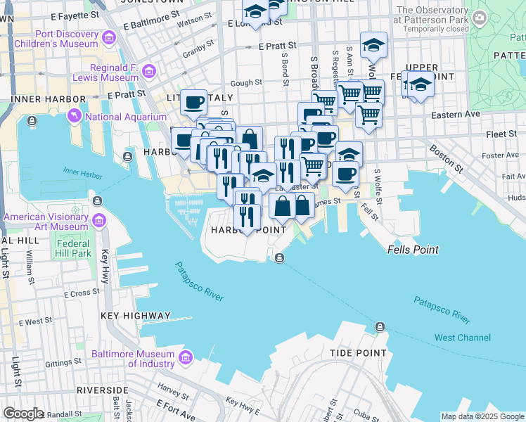 map of restaurants, bars, coffee shops, grocery stores, and more near Dock Street in Baltimore