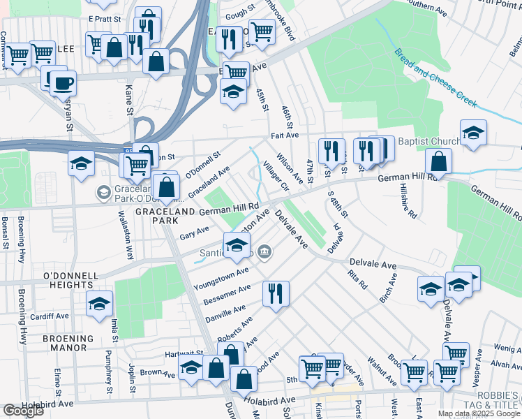 map of restaurants, bars, coffee shops, grocery stores, and more near 1301 Delbert Avenue in Baltimore