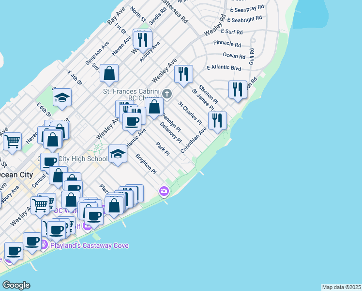 map of restaurants, bars, coffee shops, grocery stores, and more near 852 Pennlyn Place in Ocean City