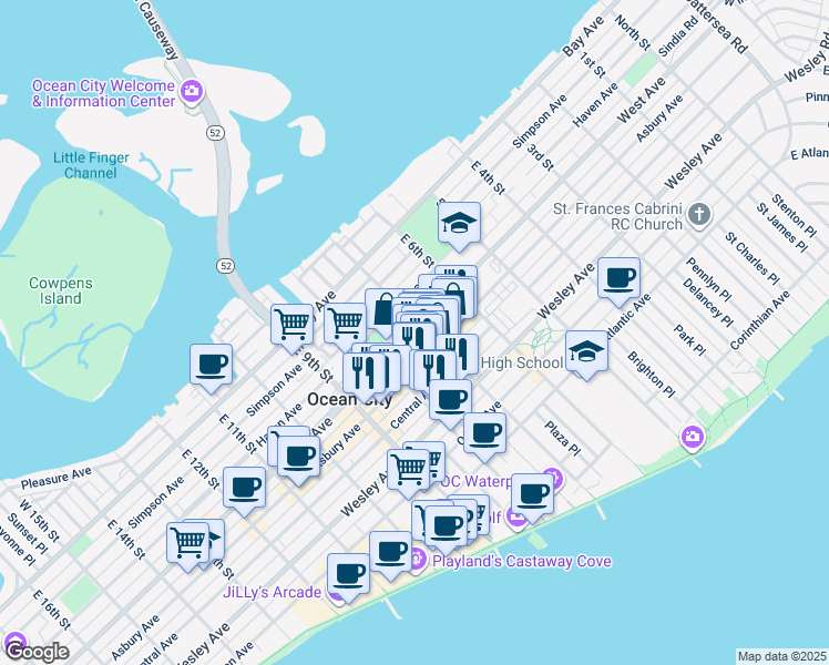 map of restaurants, bars, coffee shops, grocery stores, and more near 648 West Avenue in Ocean City