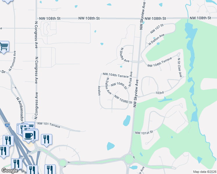 map of restaurants, bars, coffee shops, grocery stores, and more near 10406 North Dallas Avenue in Kansas City