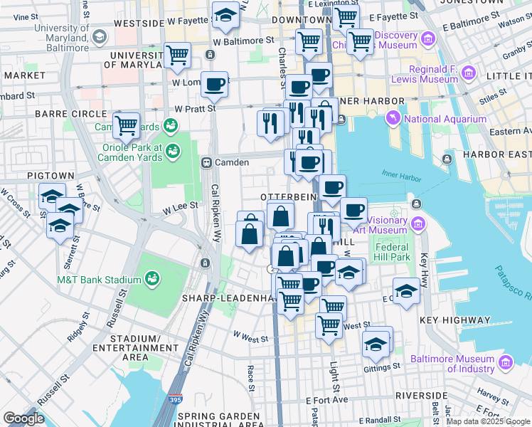 map of restaurants, bars, coffee shops, grocery stores, and more near 620 South Hanover Street in Baltimore