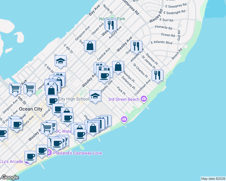 map of restaurants, bars, coffee shops, grocery stores, and more near 814 Park Place in Ocean City