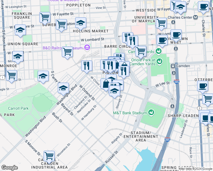 map of restaurants, bars, coffee shops, grocery stores, and more near 630 Wyeth Street in Baltimore