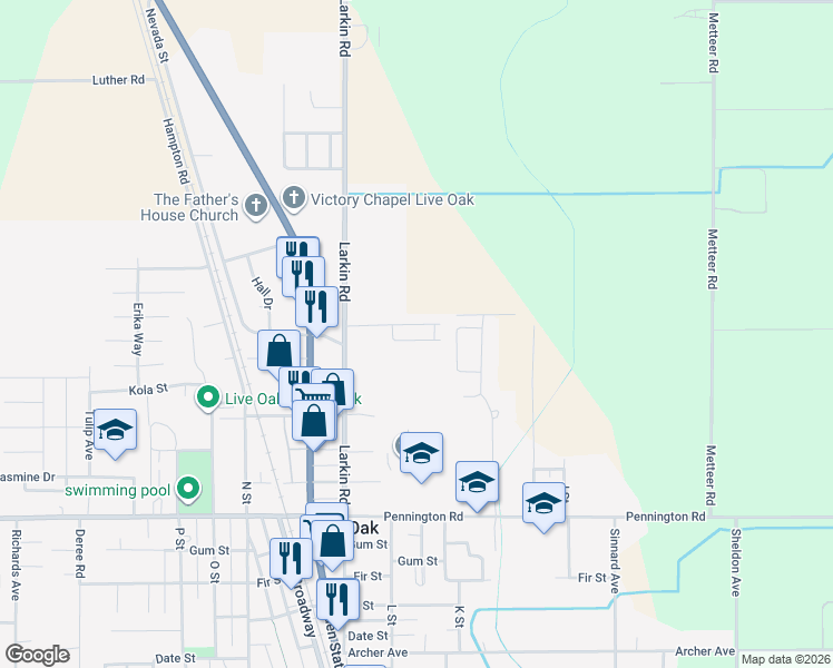 map of restaurants, bars, coffee shops, grocery stores, and more near 10383 Larkin Road in Live Oak