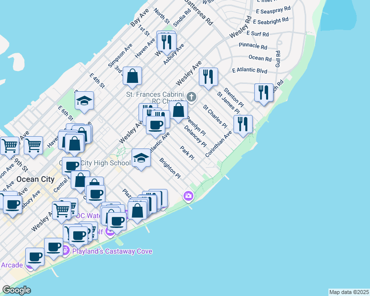 map of restaurants, bars, coffee shops, grocery stores, and more near 846 3rd Street in Ocean City