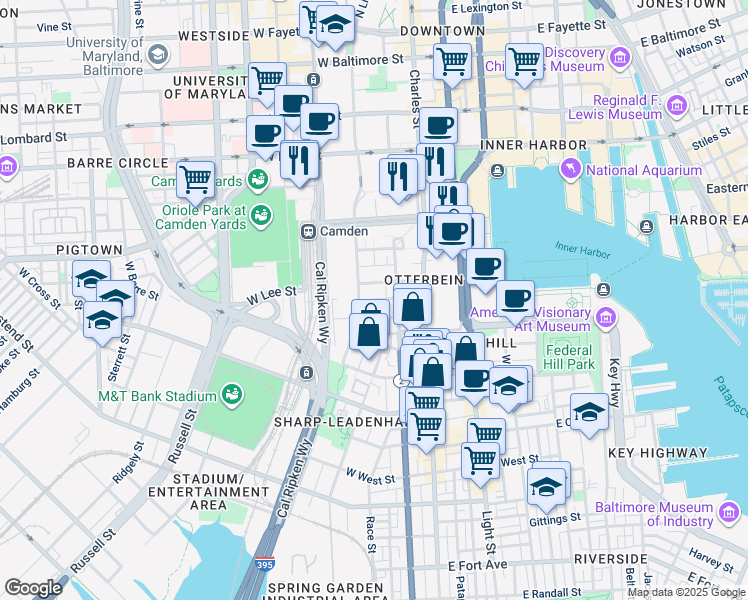 map of restaurants, bars, coffee shops, grocery stores, and more near West York Street in Baltimore