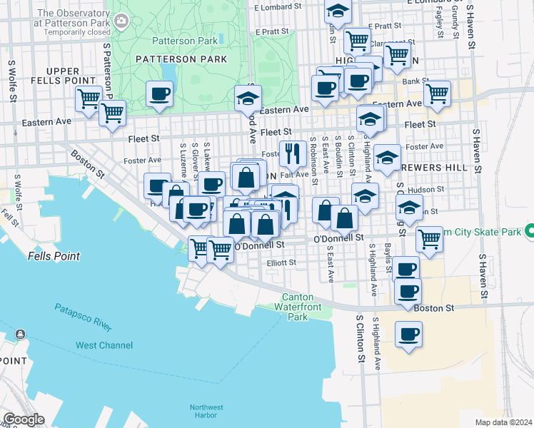 map of restaurants, bars, coffee shops, grocery stores, and more near 924 South Curley Street in Baltimore