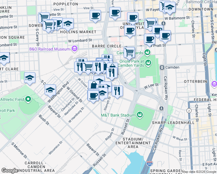 map of restaurants, bars, coffee shops, grocery stores, and more near 823 Woodward Street in Baltimore