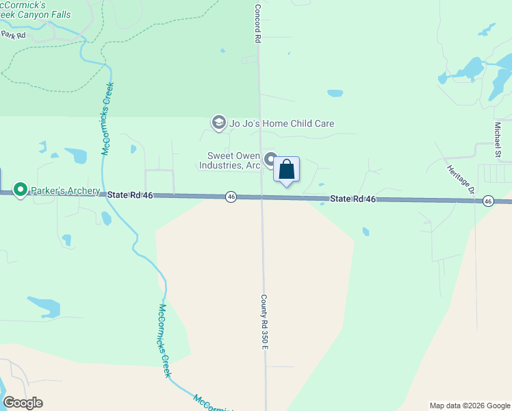 map of restaurants, bars, coffee shops, grocery stores, and more near 3452 State Road 46 in Spencer