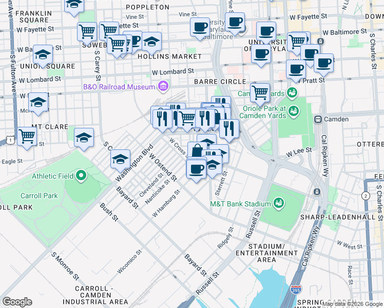 map of restaurants, bars, coffee shops, grocery stores, and more near 626 Archer Street in Baltimore