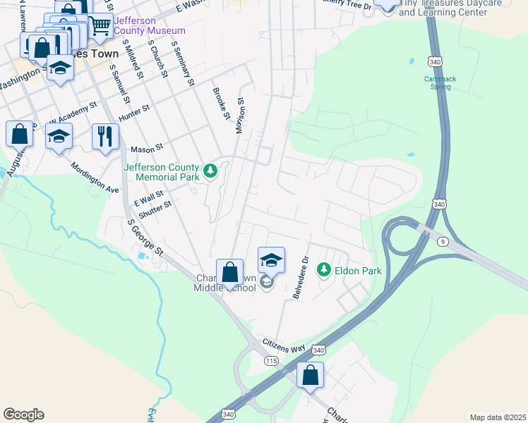map of restaurants, bars, coffee shops, grocery stores, and more near 346 Jefferson Avenue in Charles Town