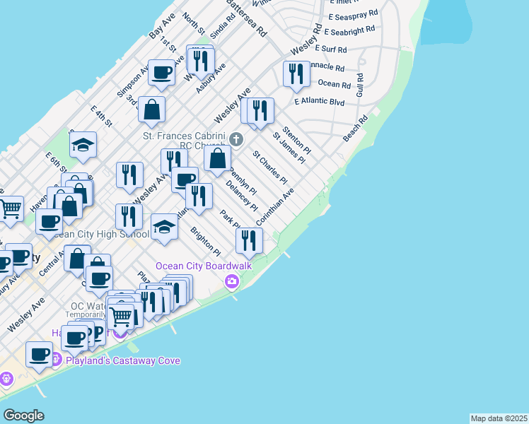 map of restaurants, bars, coffee shops, grocery stores, and more near 218 Corinthian Avenue in Ocean City