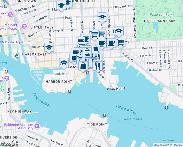 map of restaurants, bars, coffee shops, grocery stores, and more near 1715 Thames Street in Baltimore
