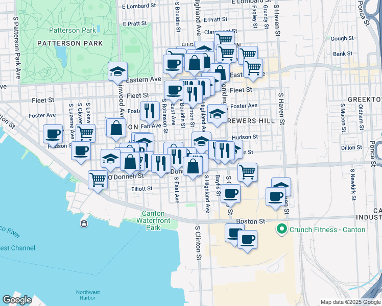 map of restaurants, bars, coffee shops, grocery stores, and more near 942 South Clinton Street in Baltimore