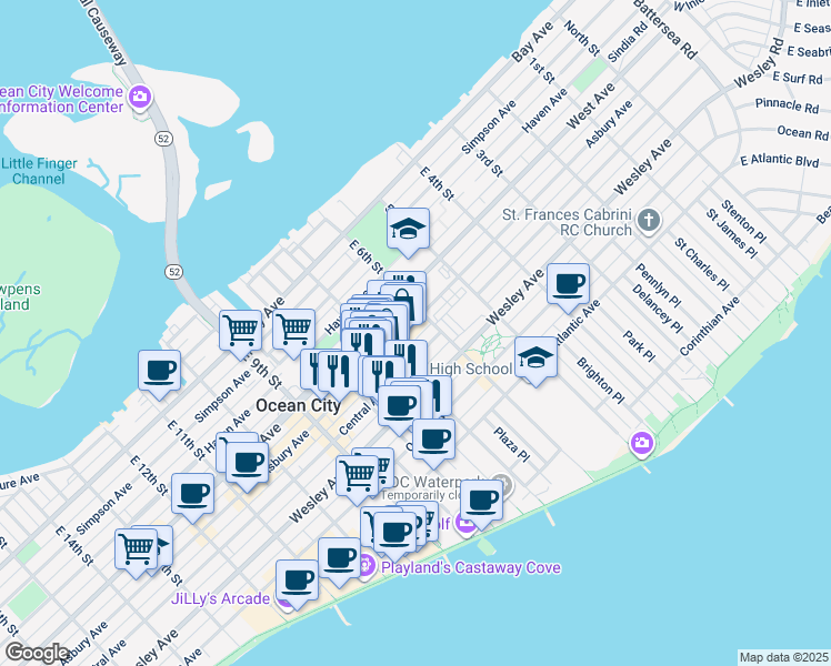 map of restaurants, bars, coffee shops, grocery stores, and more near 621 Asbury Avenue in Ocean City