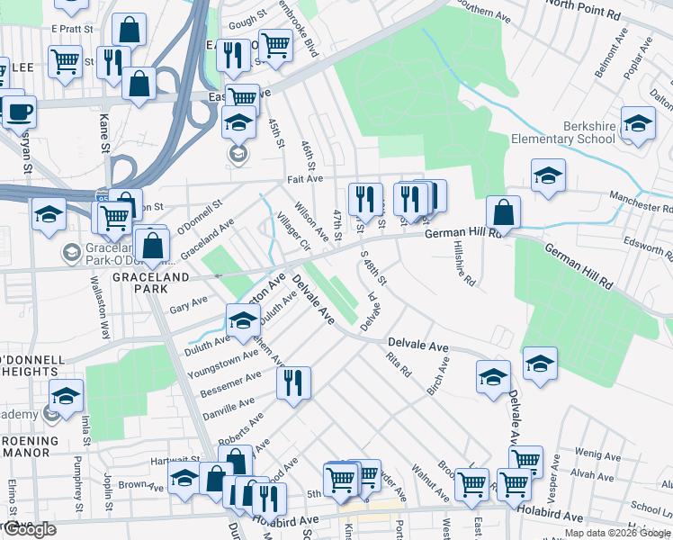 map of restaurants, bars, coffee shops, grocery stores, and more near 14 Court Pleasant in Dundalk