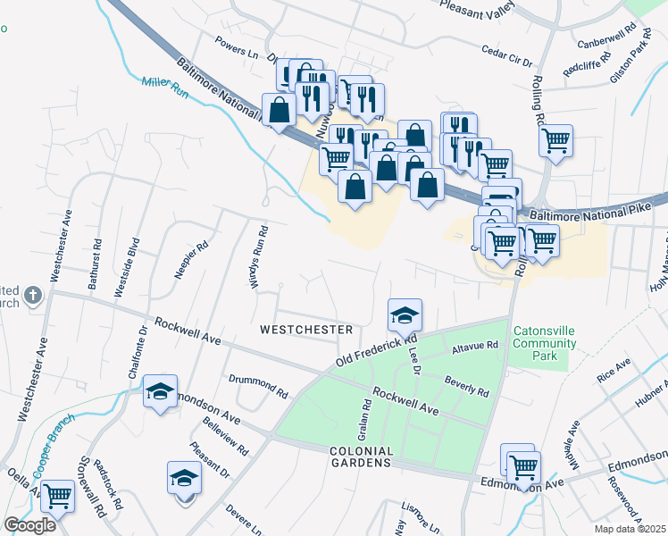 map of restaurants, bars, coffee shops, grocery stores, and more near 39 Winehurst Road in Catonsville