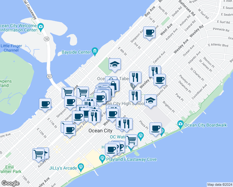 map of restaurants, bars, coffee shops, grocery stores, and more near 621 Asbury Avenue in Ocean City