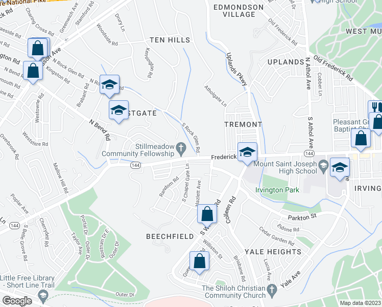 map of restaurants, bars, coffee shops, grocery stores, and more near 5016 Frederick Avenue in Baltimore