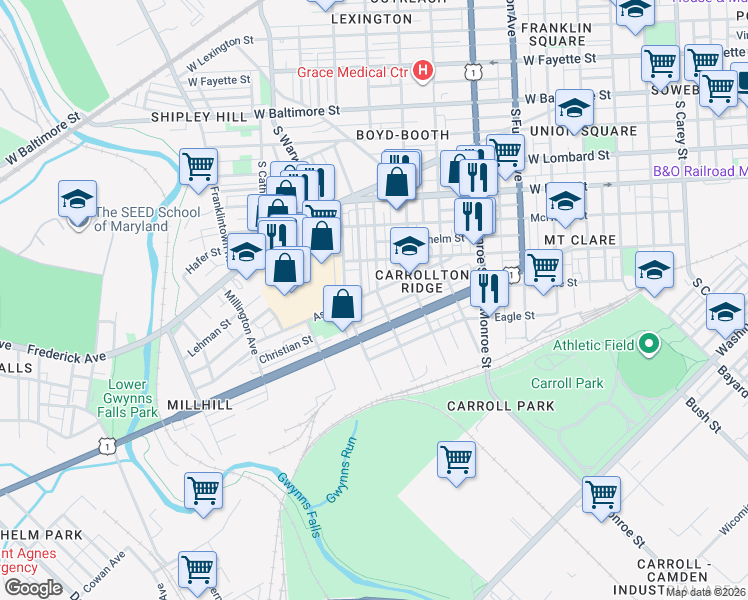 map of restaurants, bars, coffee shops, grocery stores, and more near 508 South Smallwood Street in Baltimore