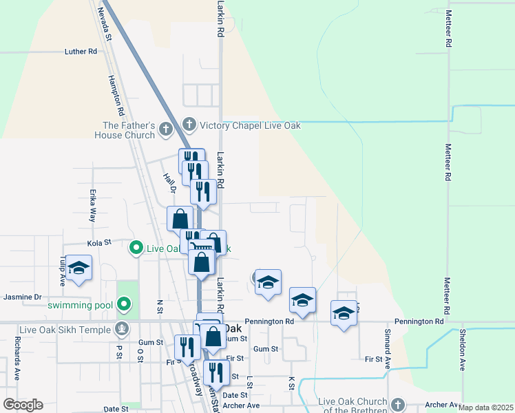 map of restaurants, bars, coffee shops, grocery stores, and more near 10383 Larkin Road in Live Oak
