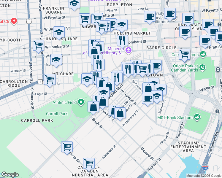 map of restaurants, bars, coffee shops, grocery stores, and more near Sargeant Street in Baltimore