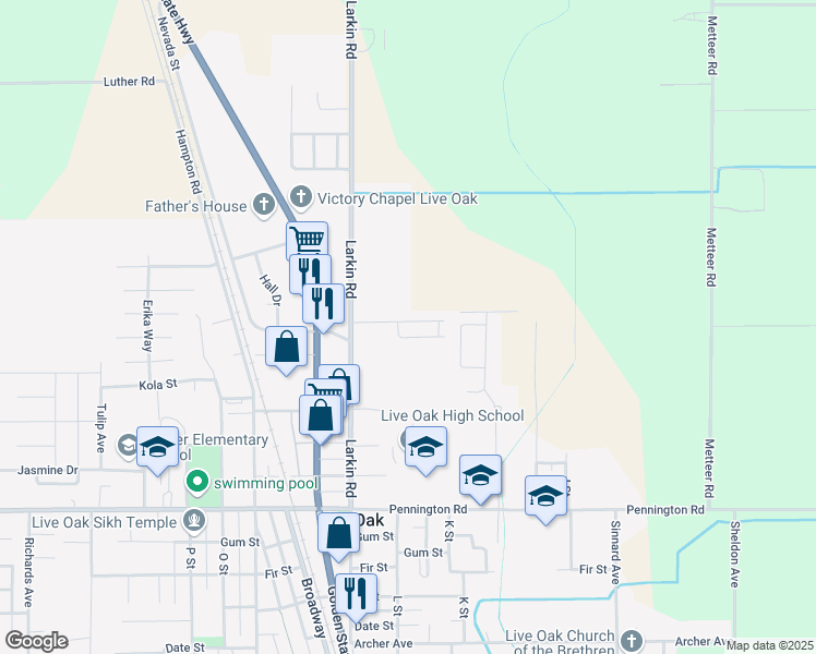 map of restaurants, bars, coffee shops, grocery stores, and more near 10383 Larkin Road in Live Oak