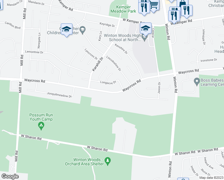 map of restaurants, bars, coffee shops, grocery stores, and more near 1351 Longacre Drive in Cincinnati