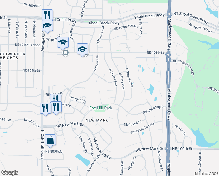 map of restaurants, bars, coffee shops, grocery stores, and more near 1009 Northeast 104th Terrace in Kansas City