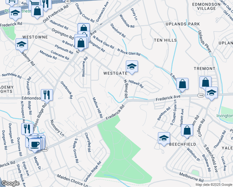 map of restaurants, bars, coffee shops, grocery stores, and more near 5363 Carriage Court in Baltimore