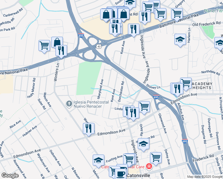 map of restaurants, bars, coffee shops, grocery stores, and more near 905 Woodsdale Road in Catonsville