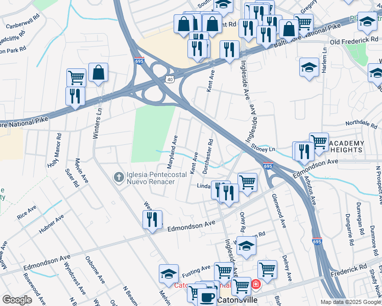 map of restaurants, bars, coffee shops, grocery stores, and more near 905 Woodsdale Road in Catonsville