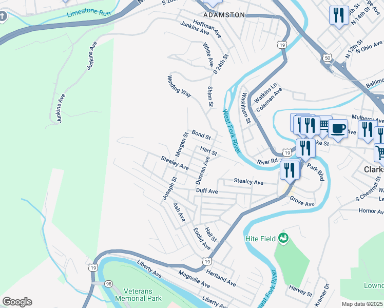 map of restaurants, bars, coffee shops, grocery stores, and more near 625 Hart St in Clarksburg