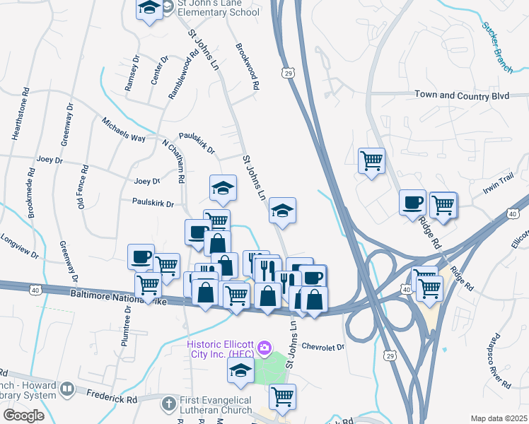 map of restaurants, bars, coffee shops, grocery stores, and more near 3270 Saint Johns Lane in Ellicott City