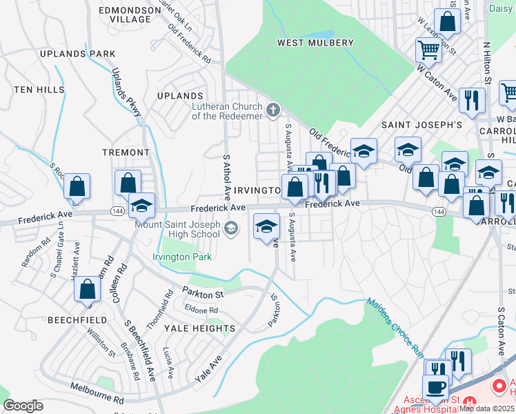 map of restaurants, bars, coffee shops, grocery stores, and more near 4300 Frederick Avenue in Baltimore