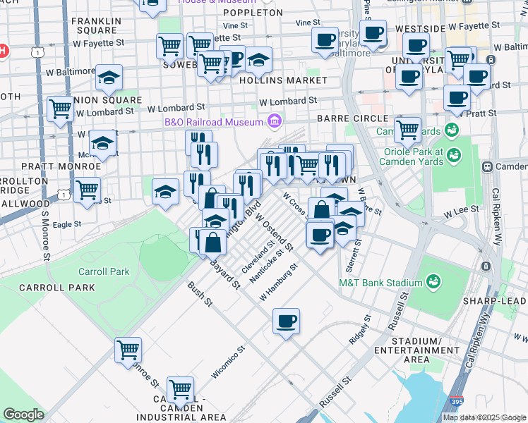 map of restaurants, bars, coffee shops, grocery stores, and more near 1156 Ward Street in Baltimore