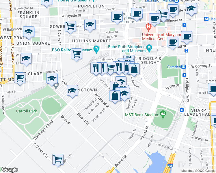 map of restaurants, bars, coffee shops, grocery stores, and more near West Cross Street & Cleveland Street in Baltimore
