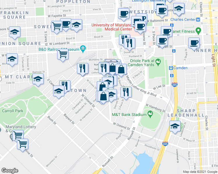 map of restaurants, bars, coffee shops, grocery stores, and more near Scott Street in Baltimore