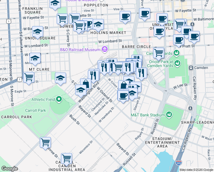 map of restaurants, bars, coffee shops, grocery stores, and more near 1126 Carroll Street in Baltimore