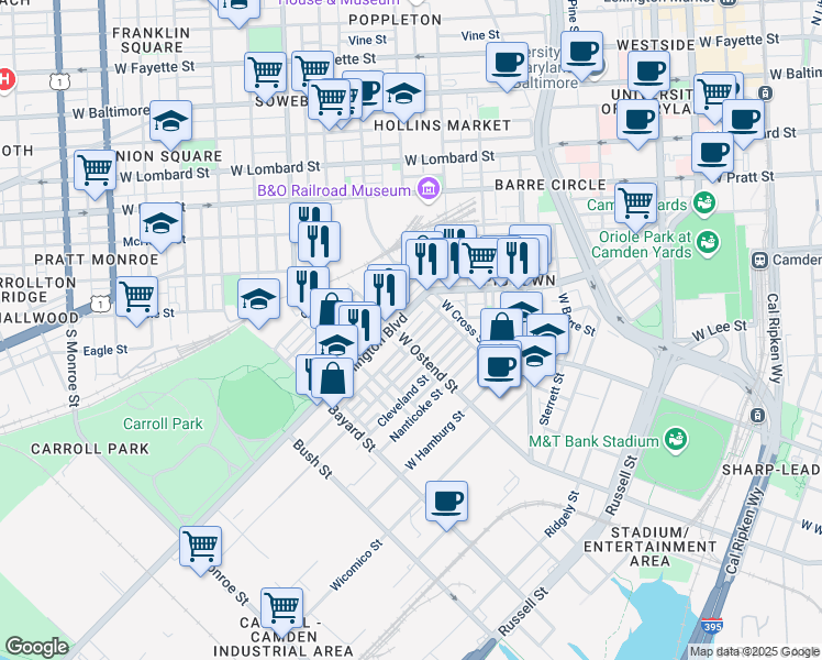 map of restaurants, bars, coffee shops, grocery stores, and more near 1156 Ward Street in Baltimore