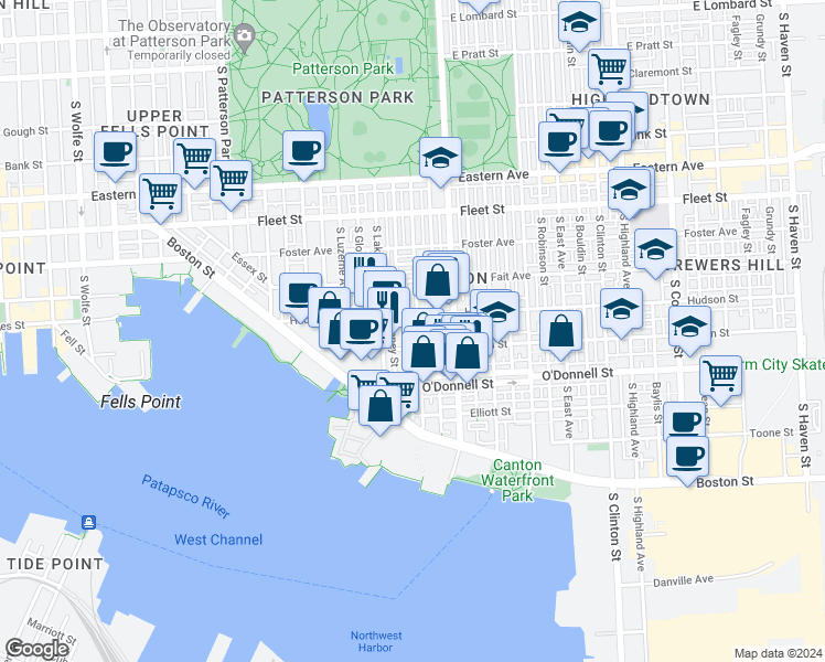 map of restaurants, bars, coffee shops, grocery stores, and more near 922 South Kenwood Avenue in Baltimore