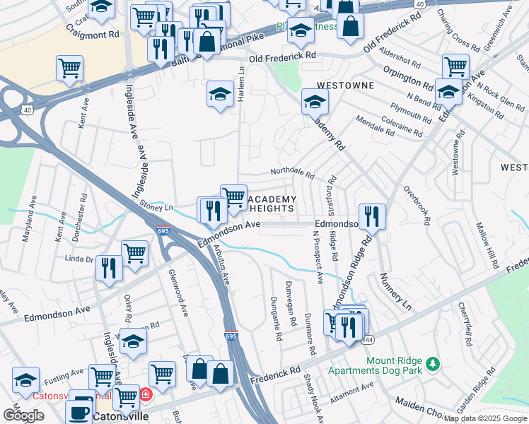 map of restaurants, bars, coffee shops, grocery stores, and more near 6110 Edmondson Avenue in Catonsville