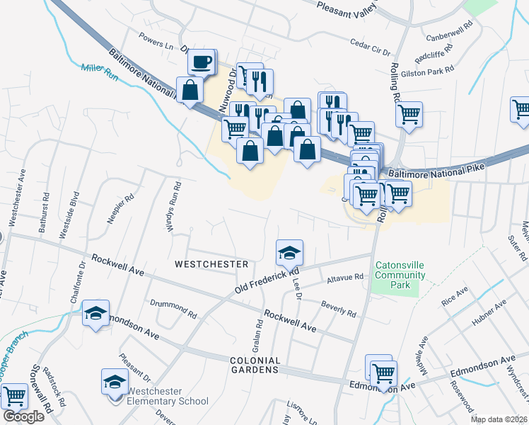 map of restaurants, bars, coffee shops, grocery stores, and more near 8 Winehurst Road in Catonsville