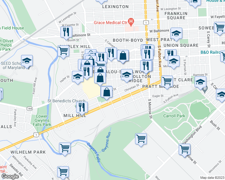 map of restaurants, bars, coffee shops, grocery stores, and more near Furrow St & Ashton St in Baltimore